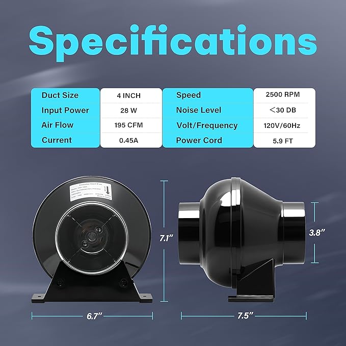 iPower 4 Inch 195 CFM Inline Duct Grow Tent Air Vent Exhaust Booster Blower for Hydroponic Ventilation Circulation Attic HVAC Basements or Kitchens Low Noise 4'' Fan Quiet New Black