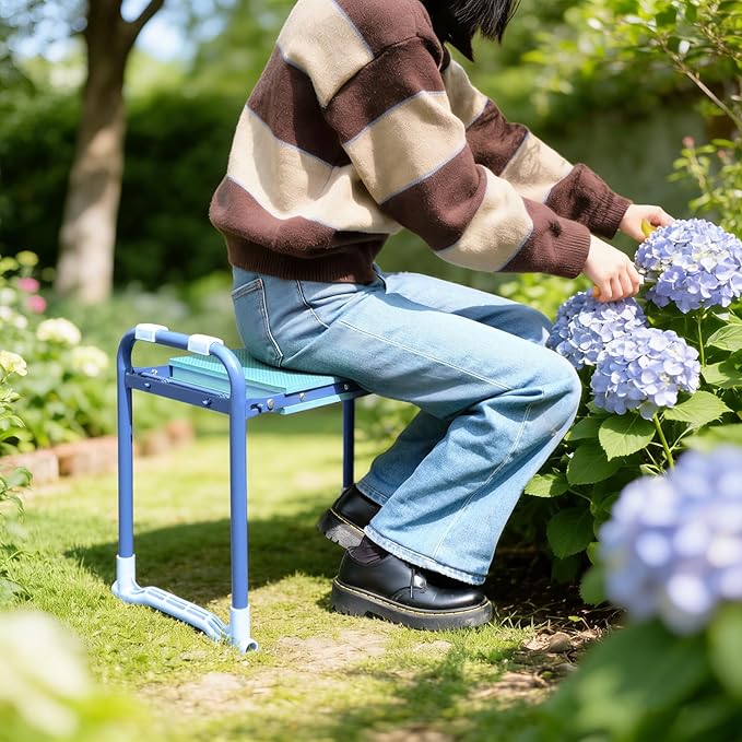 Folding Garden Stool and Kneeler Heavy Duty Garden Kneeler and Seat Kneeling Device for Gardening Gardeners and Seniors (Blue)