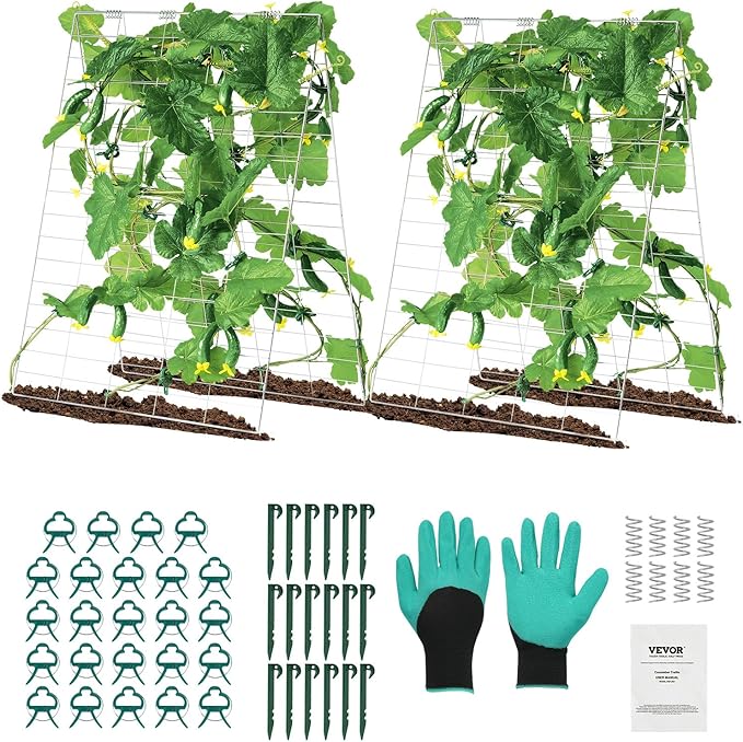VEVOR Cucumber Trellis for Climbing Plants 35 H x 55 W Foldable Cucumber Trellis Set with Plant Clips Metal Garden Trellis for Raised Bed Outdoor Plant Grow Support for Tomato Vegetable(2 Pack)