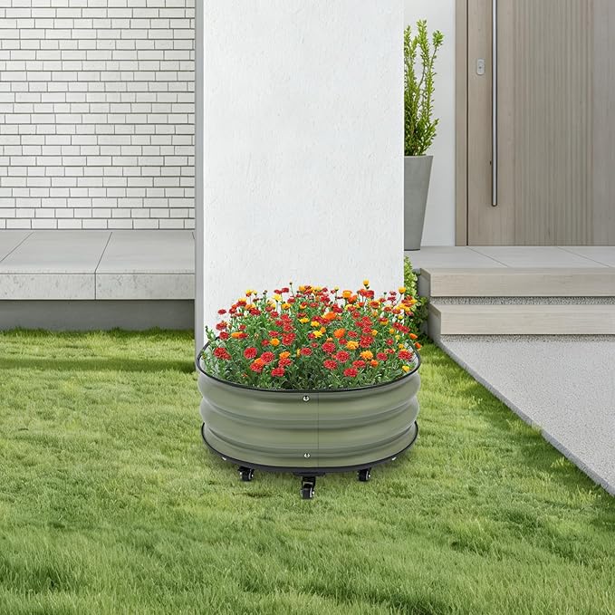 Raised Garden Bed Kits Green Metal Modular Raised Planter Box with 9*Wheels &amp Brakes &amp Gloves Outdoor Round Planter Box for Vegetables Fruits Flowers Herbs 23.62 * 11.81 inch