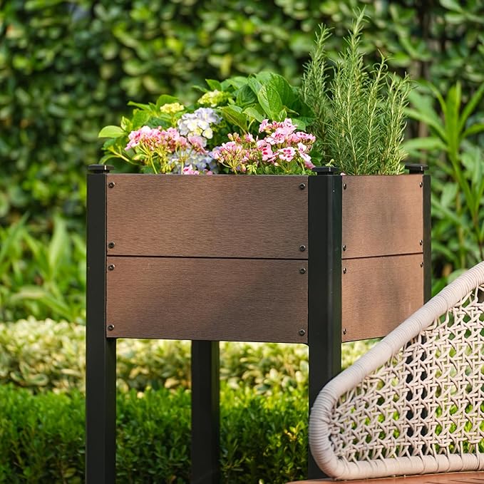 19 l x 33 h HDPE Raised Garden Bed on Legs with Storage Shelf All-Weather Elevated Planter Box Standing Herb &amp Vegetable Grow Bed with Black Aluminum Posts for Patio Balcony and Outdoor Use