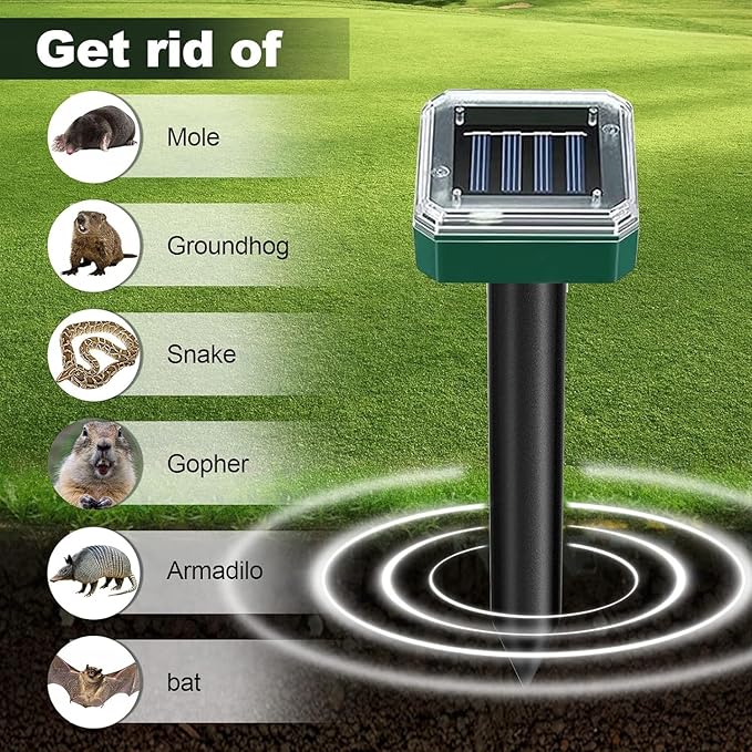 Tirgot Mole Repellent Solar Powered for Lawns Snake Repellent for Yard Gopher Groundhog Vole Repellent Trap Ultrasonic Outdoor Waterproof Chipmunk Rodent Burrowing Animals Deterrent Stake 4 Pack
