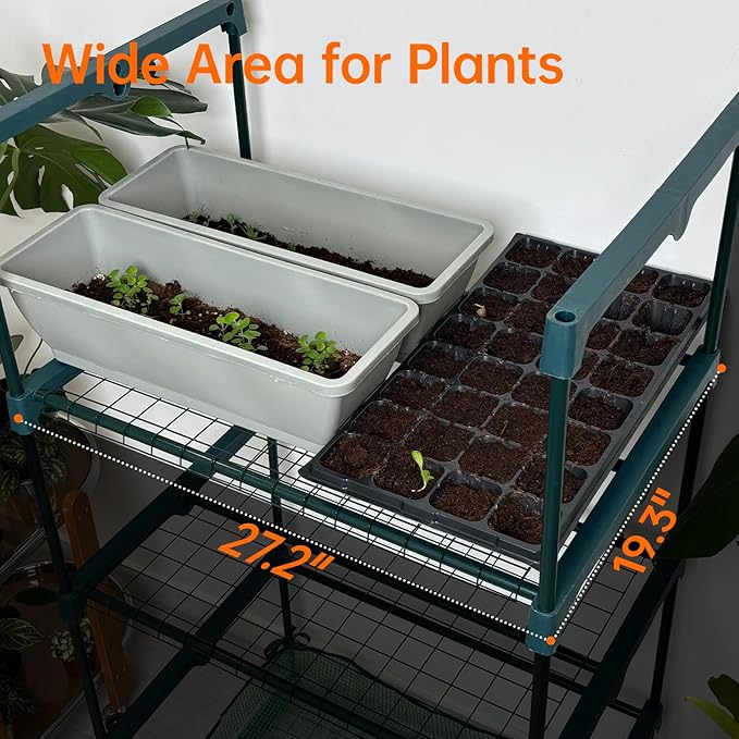 Bstrip Indoor Greenhouse with Grow Lights PVC Tent with Waterproof Base Mat Airflow Windows&ampZippered Door 4Pcs Grow Lights for Seed Starting with Timer 4-Tier Greenhouse Shelf 27.2x19.3x61.8in