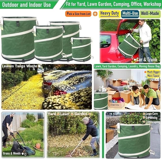 46-Gallon Collapsible Trash Can (22x28 in) Hard-Shell Bottom Yard Garden BagBig Leaf BagYard Waste BagDebris ContainerPop-Up Recycling BinCamping Waste BinLaundry HamperLawn GrassWeeds Barrel