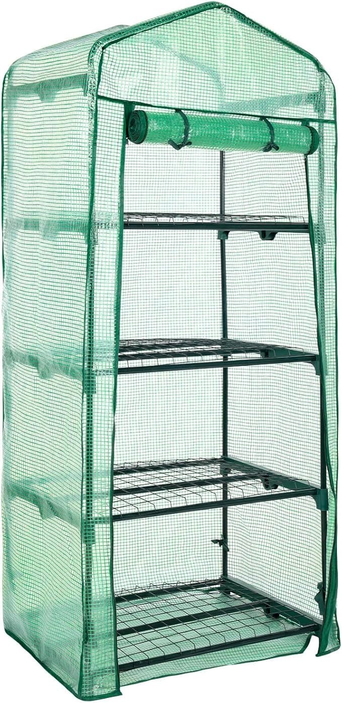 Aoodor 27x19x63 Inch 4 Tier Upgrade Greenhouse with Protective PE/PVC Base for Tidier and Cleaner Indoor Outdoor Gardening on The Deck Patio or Backyard Green