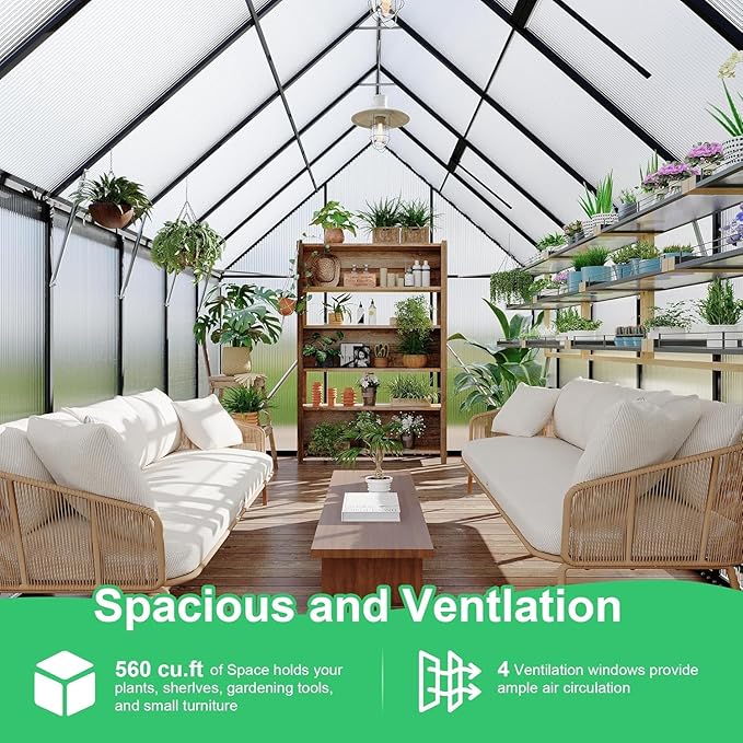 Greenhouse 8x12 FT Aluminum-Framed Heavy Duty Polycarbonate with Quick Setup Structure and Roof Vent Large Enhanced Outdoors Green House Kit