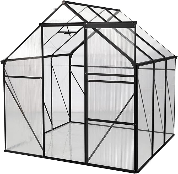 6 x 10FT Outdoor Patio Greenhouse Walk-in Polycarbonate Greenhouse Adjustable Roof Vent &amp Rain Gutter for Plants&ampFlowers Garden Backyard (Green-6 x 10 FT)