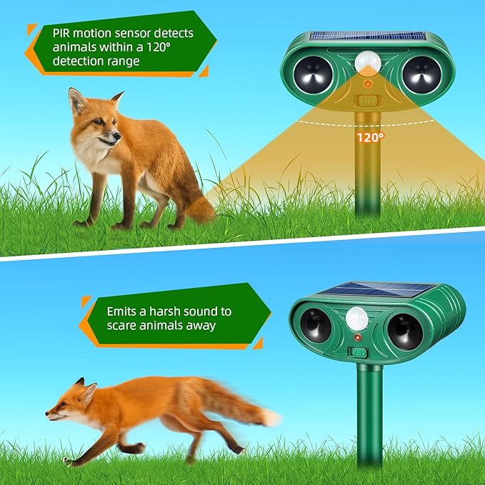 2026 Solar Animal Repellent Outdoor&ampCat Repellent Outdoor with Motion Deer Repellent Devices Ultrasonic Cat Deterrent Fox Raccoon Squirrel Rabbit Coyote Deterrent for Farm Orchard Garden 4 PCS