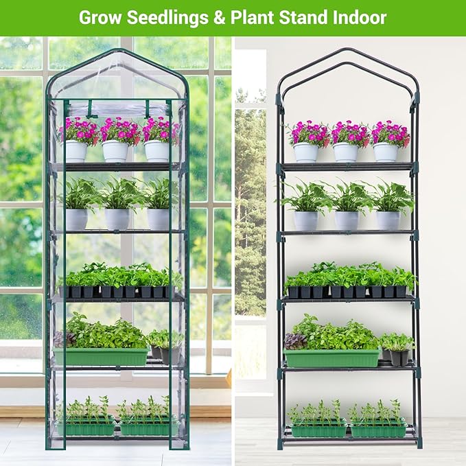 Mini Greenhouse for Outdoors Indoor: Ohuhu Small Plants Green House with 5 Tier Shelves Portable Plastic Greenhouses with Heavy Duty Transparent PVC Cover for Garden Patio Backyard Porch Balcony