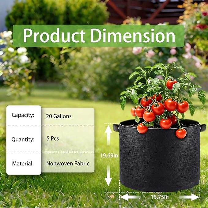 iGarden Grow Bags Tall20 Gallon Grow Pots 5 Pack with Handles Heavy Duty 320G Thickened Nonwoven Fabric Plant Bag for Vegetables Black