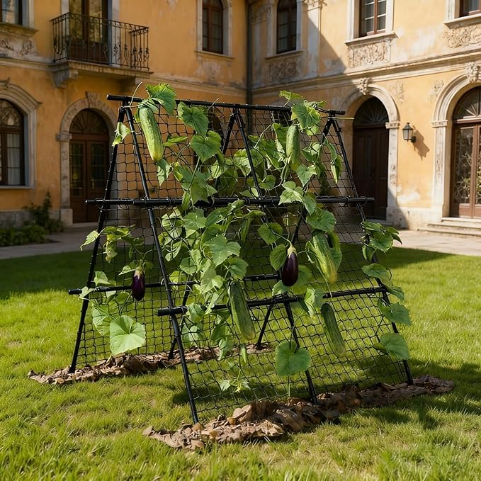 Cucumber Trellis Set A-Shaped Plant Holder with Garden Net &amp Plant Clips Adjustable Width Trellis Metal Plant Support for Climbing Plants Flowers Useful Plants 120 x 120 cm Black