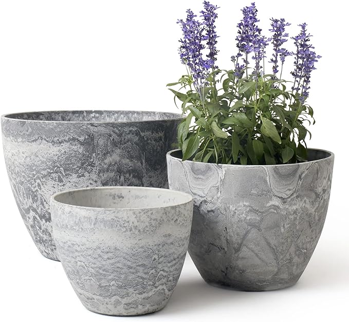 LA JOLIE MUSE 14.2/11.3/8.6 Inch Round PlanterIndoor/Outdoor Large Planters Set of 3Grey Plant Container with Drain HolesTree Flower Plant Pots for Patio and Deck