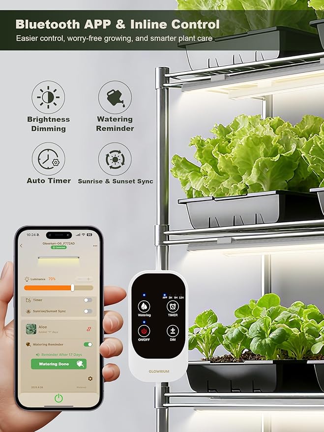 GLOWRIUM Smart Grow Lights for Indoor Plants with APP Full Spectrum Grow Lights for Seed Starting G6 Plant Light Strip with auto Timer 3 Angle dimming Levels for Plant Shelf 6-Pack (Silver 48W)