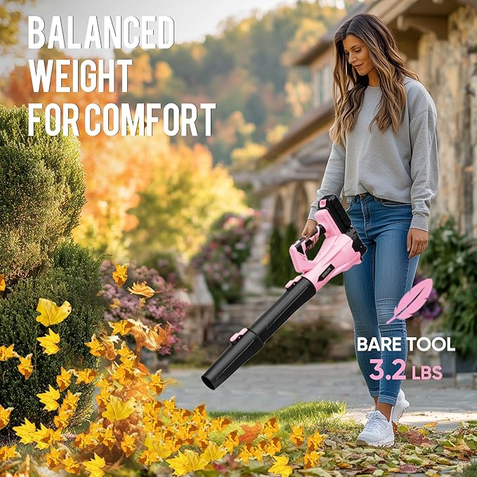 STEELITE 21V Cordless Leaf Blower 150 MPH 600 CFM High-Performance Airflow Lightweight Electric Blower for Lawn Care Patio Cleaning Leaves &amp Dust Includes 2 x 2.0Ah Batteries - Pink