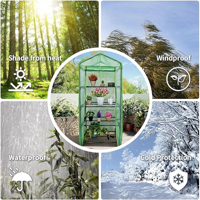 4 Tier Mini Greenhouse - Portable Indoor Outdoor Green House with 24lbs Per Shelf Durable PE Cover &amp Tool-Free Assembly for Garden Balcony Patio Backyard