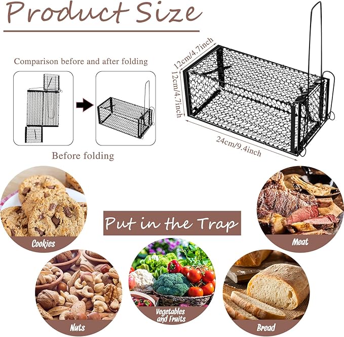 Qualirey 4 Pcs Humane Rat Trap Chipmunk Squirrel Rodent Foldable Mouse Trap Small Live Animal Mouse Voles Hamsters Live Cage Rat Cage for Mice Easy to Catch and Release 9.4 x 4.7 x 4.7 Inches