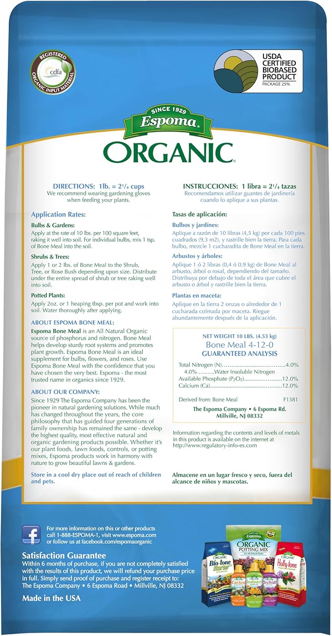 Espoma Organic Bone Meal Fertilizer 4-12-0. All-Natural Plant Food Source of Nitrogen and Phosphorus for Organic Gardening. for Bulbs &amp Other Flowering Plants. 8 lb. Bag. Pack of 1