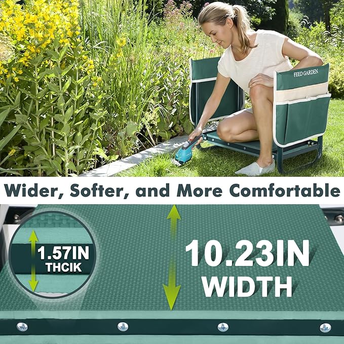 FEED GARDEN Garden Kneeler and Seat Upgraded Foldable Gardening Stool with 10.23 Wide Kneeling Pad Heavy Duty Gardening Bench Chair with 2 Tool Pouches Gardening Gifts for Seniors Mom Women Men