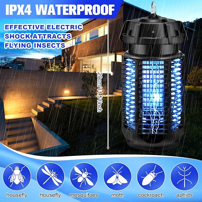 Qualirey 2 Packs Fly Zapper Bug Killer 4000v 20w Power Electric Mosquito Trap Mosquito Killer with 3.9ft Cords for Outdoor Indoor Ipx4 Waterproof Insect Trap with 2 Brushes for Home Patio Camping