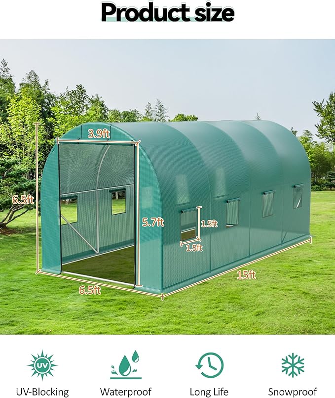 Walk-in Tunnel Greenhouse 6.5 x 15 x 6.5 FT Large Outdoor Greenhouse with Door &amp Vent Windows Heavy-Duty Frame and Green PE Cover for Backyard Gardening