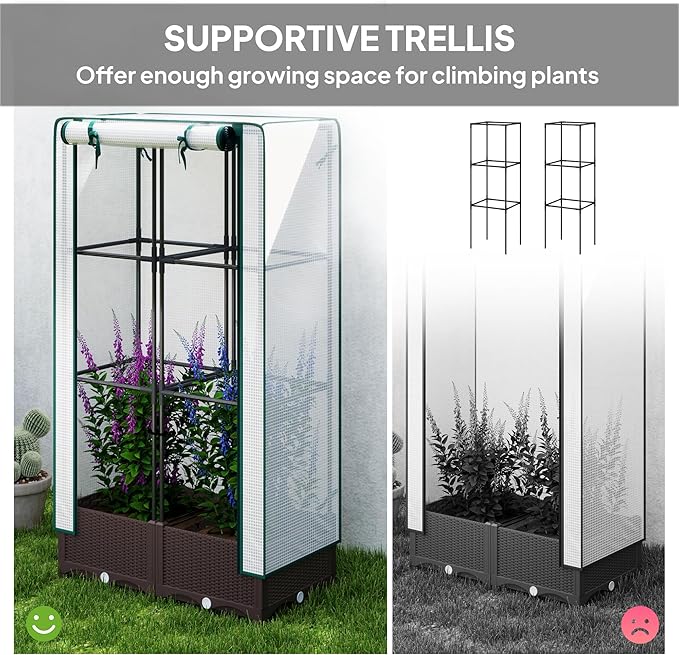 Outsunny Plastic Raised Garden Bed with Trellis Outdoor Planter Box with PE Greenhouse Cover Drainage Holes and Zipper Door for Climbing Plants Herbs and Vegetables 31.5 x 15.7 x 48.8 Brown