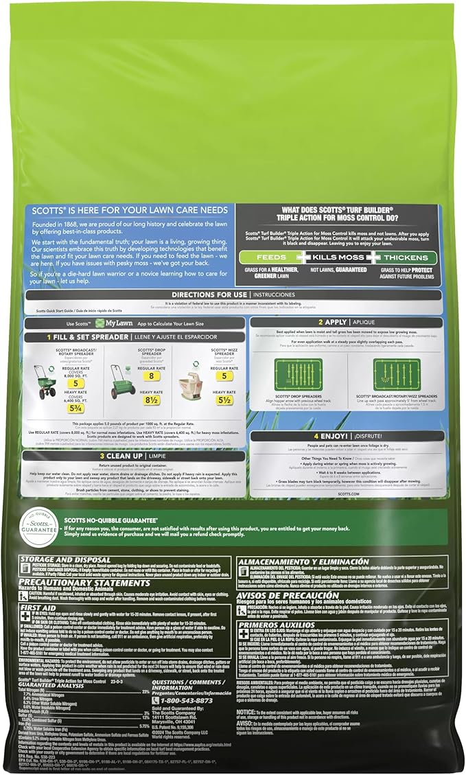 Scotts Turf Builder Triple Action for Moss Control - Moss Killer and Lawn Fertilizer Lawn Care Covers Up to 8000 sq. ft. 40 lb.