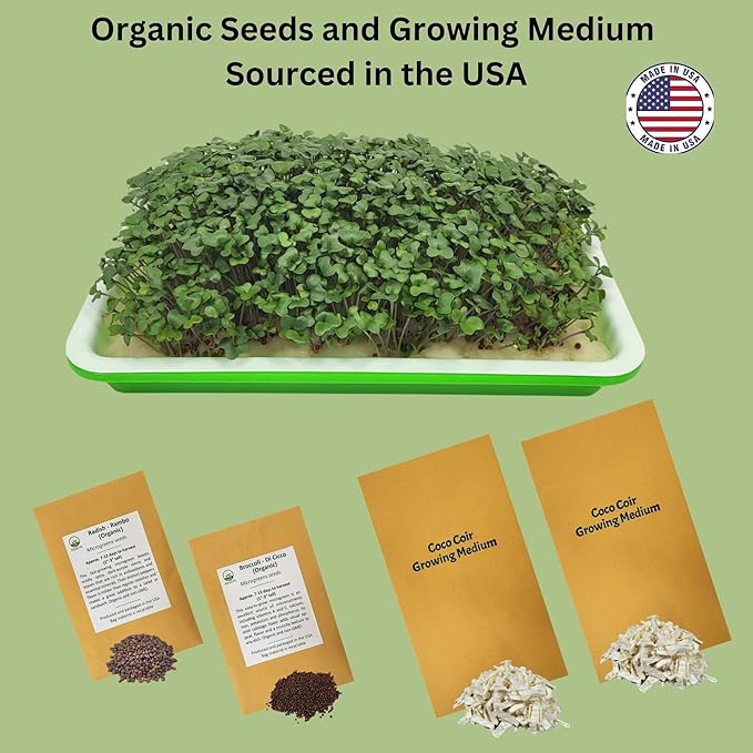 Complete Home Microgreens Kit - Indoor Garden System - Includes 2 Sets of Reusable Trays Spray Mister 2 pkgs of Hydroponic Growing Medium Organic Radish and Broccoli Seeds