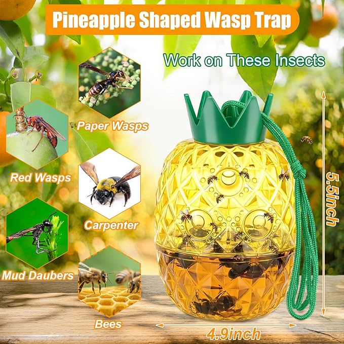 4 Pack Wasp Trap Outdoor Hanging Reusable Yellow Jacket &amp Hornet Trap with Bait Reservoir Durable Outdoor Bee Catcher for Garden Patio Orchard Pineapple Design