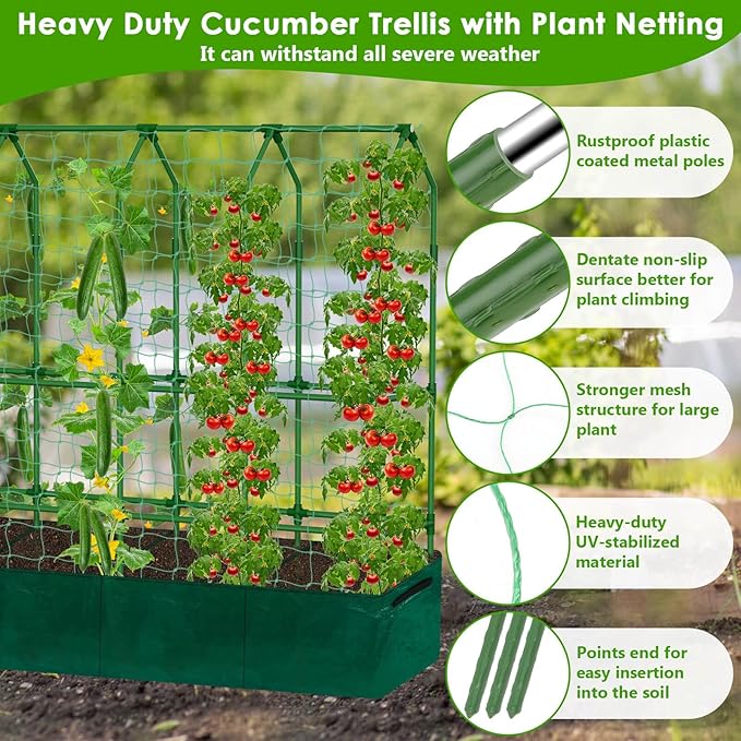 Large Cucumber Trellis for Climbing Plants with Grow Bag 67×65×16.5 Metal Garden Trellis for Raised Bed with Garden Netting and Plant Clip Plant Ties for Vegetables Squash Pea Grape Tomato