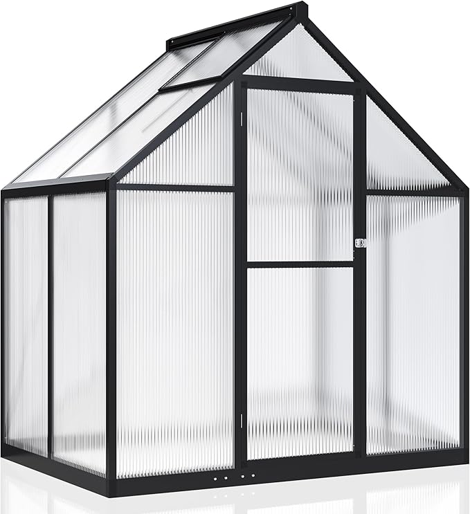 WKM 4x6 FT Greenhouse for Outdoors Quick-fit Structure Polycarbonate Green House with Window for Ventilation Walk-in Aluminum Greenhouse for Outsides Garden Backyard Black
