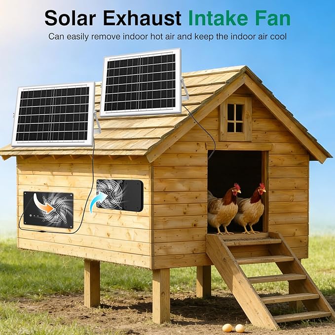 Solar Powered Fan with 15000mAh Battery &amp Timer 25W 3500RPM High-Speed Solar Exhaust Fan Low Noise Waterproof Ventilation for Chicken Coop Greenhouse Shed Pet House &amp Window