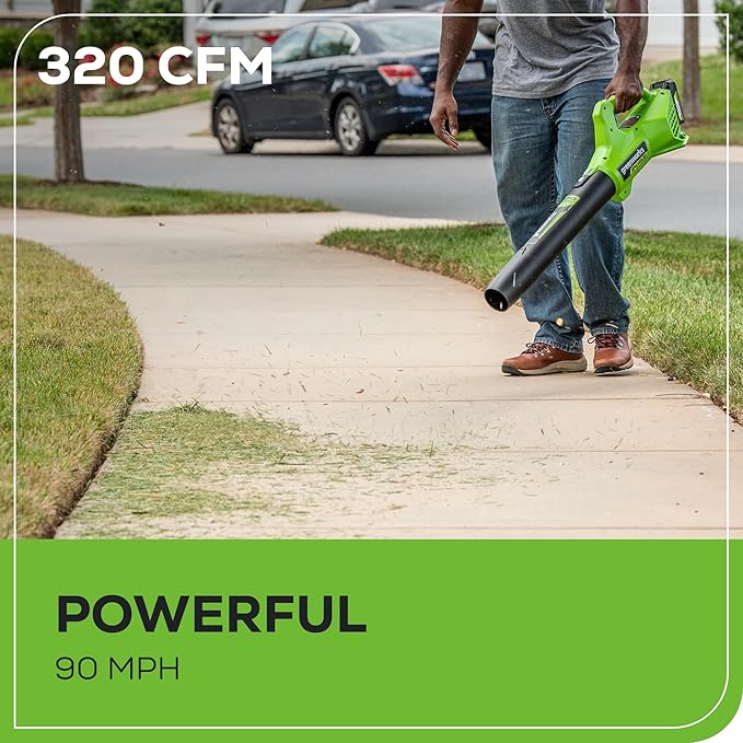 Greenworks 24V (90 MPH / 320 CFM / 200+ Compatible Tools) Cordless Axial Leaf Blower 2.0Ah Battery and Charger Included