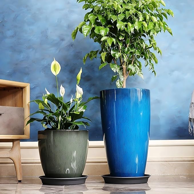 242111 Inch Large Plastic Planters with Drainage Hole and Saucer - Set of 3 Tall Plant Pots Indoor Flower Pot Tall Round Planters Outdoor Large Tall Planter