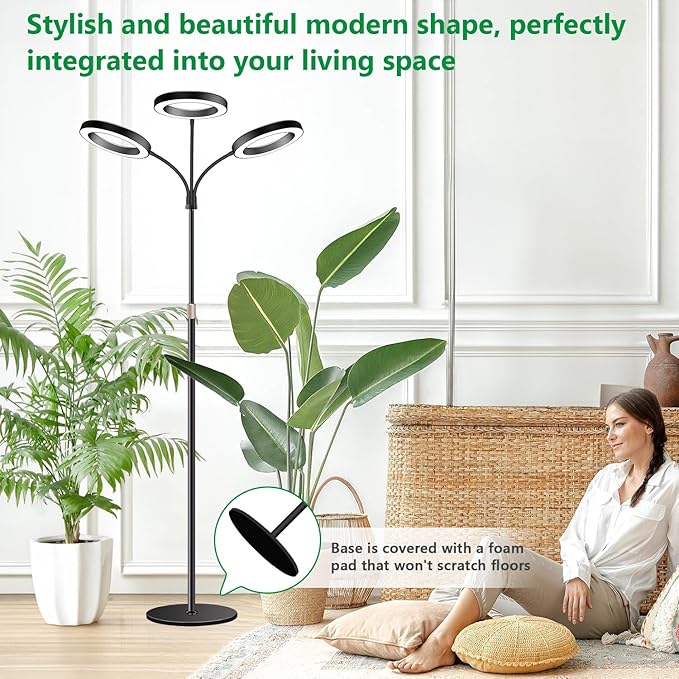 Grow Lights for Indoor Plants 3 Head Full Spectrum Plant Light with 68 Adjustable Stand for Growing Large Tall Plants Black Halo Floor LED Grow Lamp with 16 Hour Timer