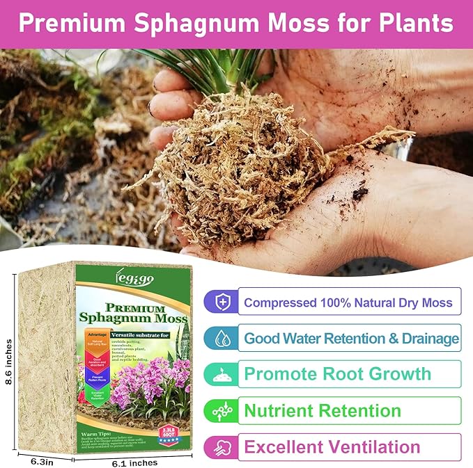 Legigo 3.3lb Natural Sphagnum Moss for Plants 60QT Long Fiber Orchid Moss Potting Mix Dried Sphagnum Moss for Plants Indoor Orchid Repotting Succulent Carnivorous Plants Terrarium and Reptiles