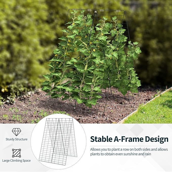 Cucumber Trellis 8-Panel Metal Plant Support w/Rustproof PP-Coated A-Frame Clips Stakes Spiral Connectors Cable Tie &amp Twist Tie Garden Trellis for Climbing Plants Outdoor Raised Bed