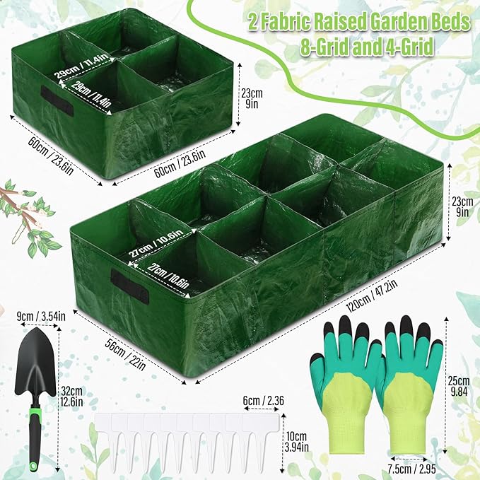 Fabric Raised Garden Bed 2 Pack 8 Grids and 4 Grids 128 Gallon Rectangle Grow Bags with Drainage Holes Breathable PE Planting Containers for Outdoor Vegetables Fruits Flowers