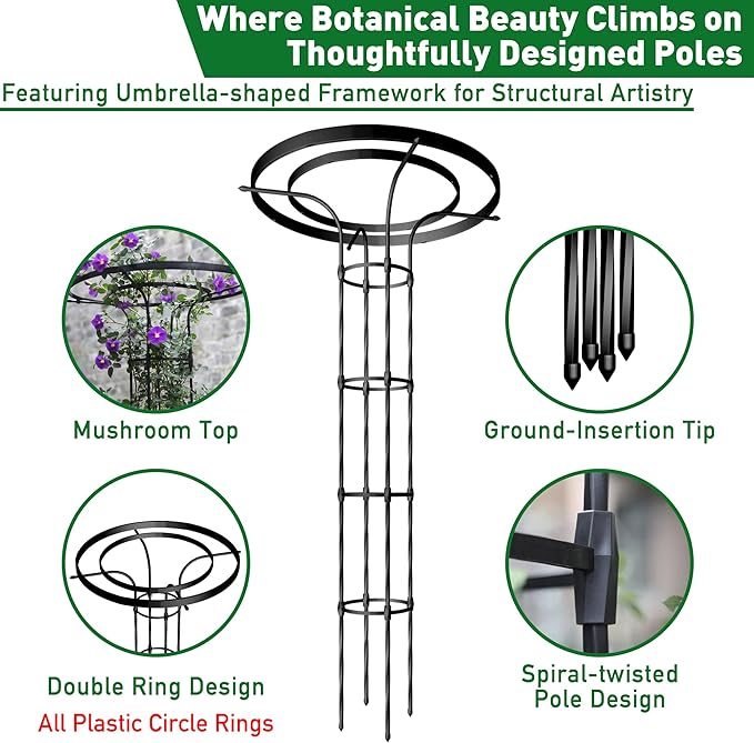 Mushroom Top Trellis for Climbing Plants Outdoor 5.74FT Decorative Obelisk Plant Support with Rustproof PE-Coated Metal Poles Rose Trellis for Clematis Ivy Black