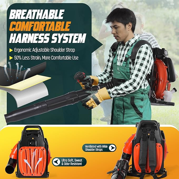 75.6cc 2-Cycle Backpack Leaf Blower Gas Powered 912CFM 206MPH 6.0HP Gas Leaf Blower w/2-Stage Air Filter Cruise Control Commercial Gasoline Blower for Lawn Care Yard Cleaning (Orange)