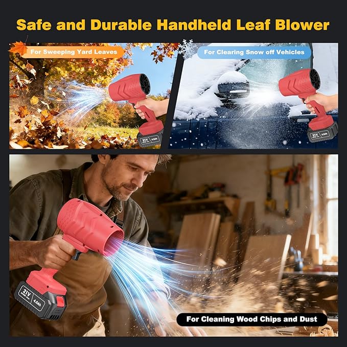 Electric Mini Leaf Blower Powered Handheld Blower Leaf Adjustable Wind Speed Cordless 21V Battery Blower with 2 Rechargeable Batteries and Charger Toolbox for Yard Leaf &amp Snow Removal(Red)