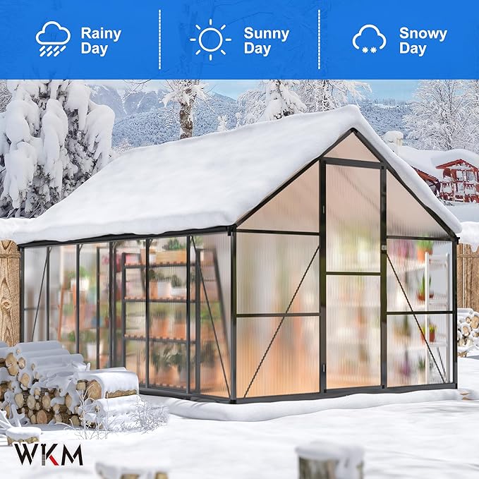 WKM 8x12 FT Greenhouse for Outdoors Quick-fit Structure Polycarbonate Green House with Window for Ventilation Walk-in Aluminum Greenhouse for Outside Garden Backyard Black