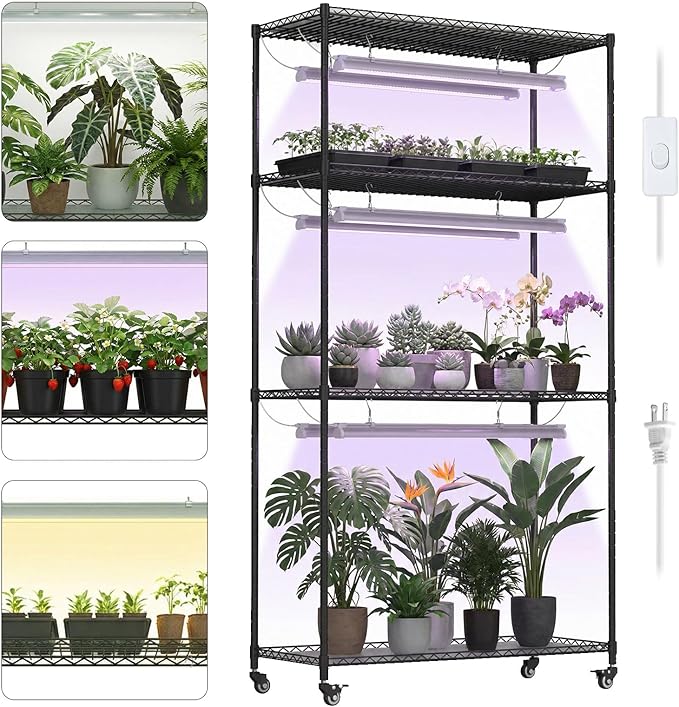 Plant Stand with Grow Lights 4-Tier Plant Shelf 6 Sets 3-Color LED Grow Light with Timer Wide Plant Rack for Indoor Gardening Seed Starting Herbs &amp Flowers 36 W x 14 D x 63 H