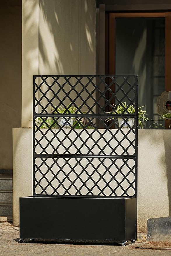 71x46x16 Inch Large Steel Raised Garden Bed Mobile Planter Box with Trellis and Privacy Screen Lockable Casters &amp Drainage Holes Outdoor Vegetable Garden for Vines Flowers Patio Deck Balcony