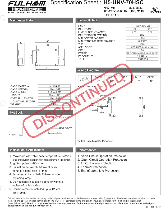 Fulham Electronic HID Ballast H5-UNV-70HSC
