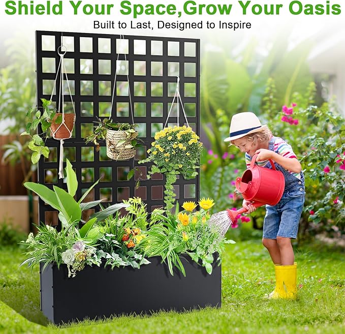 GarveeLife Metal Planter Box with Trellis 71 in x47 in x12 in Raised Garden Bed with Trellis Outdoor Garden Box with Privacy Screen &amp Drainage Holes for Climbing Plants Flower Vegetable Black