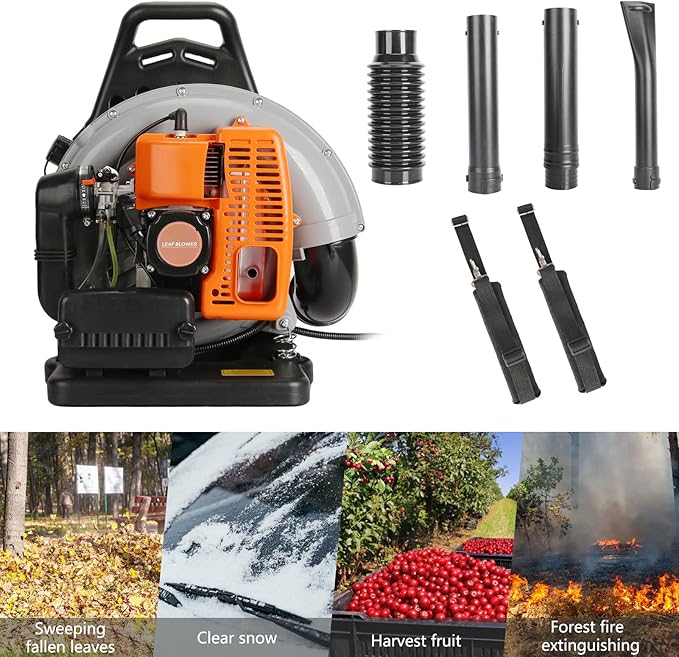 63CC Backpack Leaf Blower Gas Powered 3HP 2-Stroke Engine 665CFM High Velocity Air Cooling System Adjustable Backpack Blowers Gas for Lawn Garden Yard Snow Gutter Cleaning (Power Orange)
