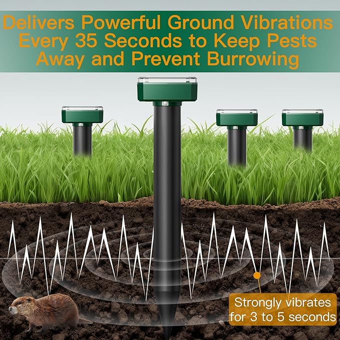 4 Pack Mole Repellent Solar Powered Vibrating Solar Mole Repellent Stakes for Voles Groundhogs Snakes &amp Gophers IP65 Waterproof Mole Deterrent for Yard Farm Lawn &amp Garden