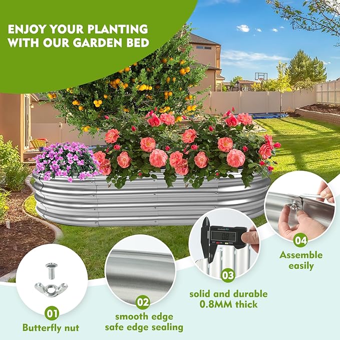 5X2.7X1 FT Oval Galvanized Metal Garden Raised Bed/Plant Box for Planting32 Inches Diameter Iron Fire Pit RingSmall Animal Fence-3 in 1 Modular Design in Black (Silver 60X32X11.5 Inches)