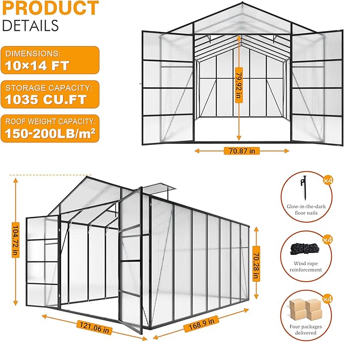 104in High 10x14FT Greenhouse for Outdoors Polycarbonate Greenhouses with Stronger Wind Protection and Roof Vent Walk-in Large Aluminum Winter-Proof Sunroom Black