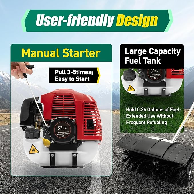 Gas Handheld Sweeper 52CC 2.3HP Gas Powered Artificial Lawn Sweeper Air Cooled Fuel Engine Gas Power Sweeping Broom Machine for Artificial Lawns Driveways Construction Site Sweeping